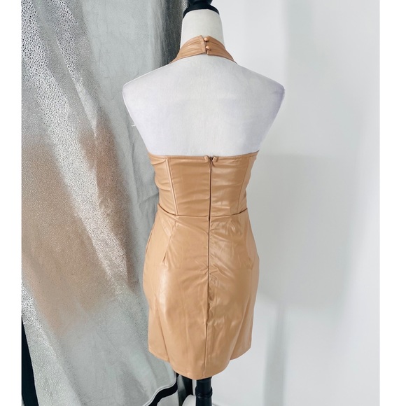 Nude Vegan Leather Faux Leather Sleeveless Halter Neck Bodycon Mini Dress - Picture 14 of 17